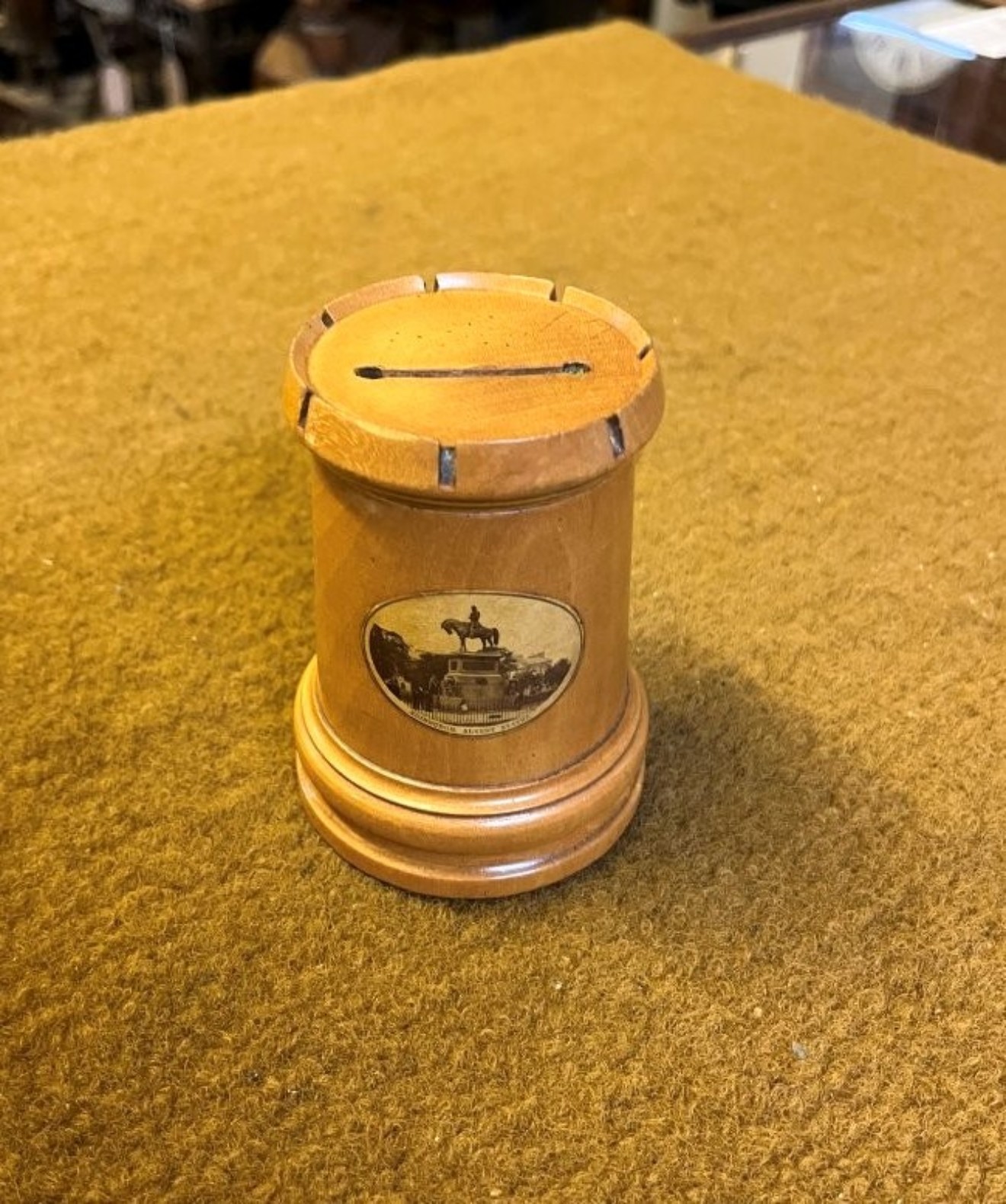 Antique Mauchline Ware Penny Bank "Edinburgh, Albert Statue"