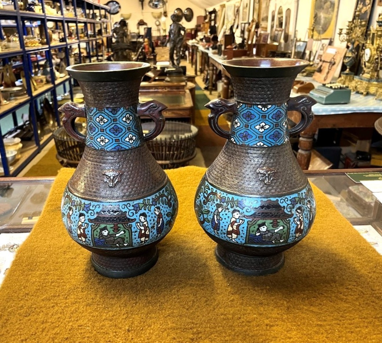 Antique Pair of Japanese Bronze Champleve Vases with Dragon Handles