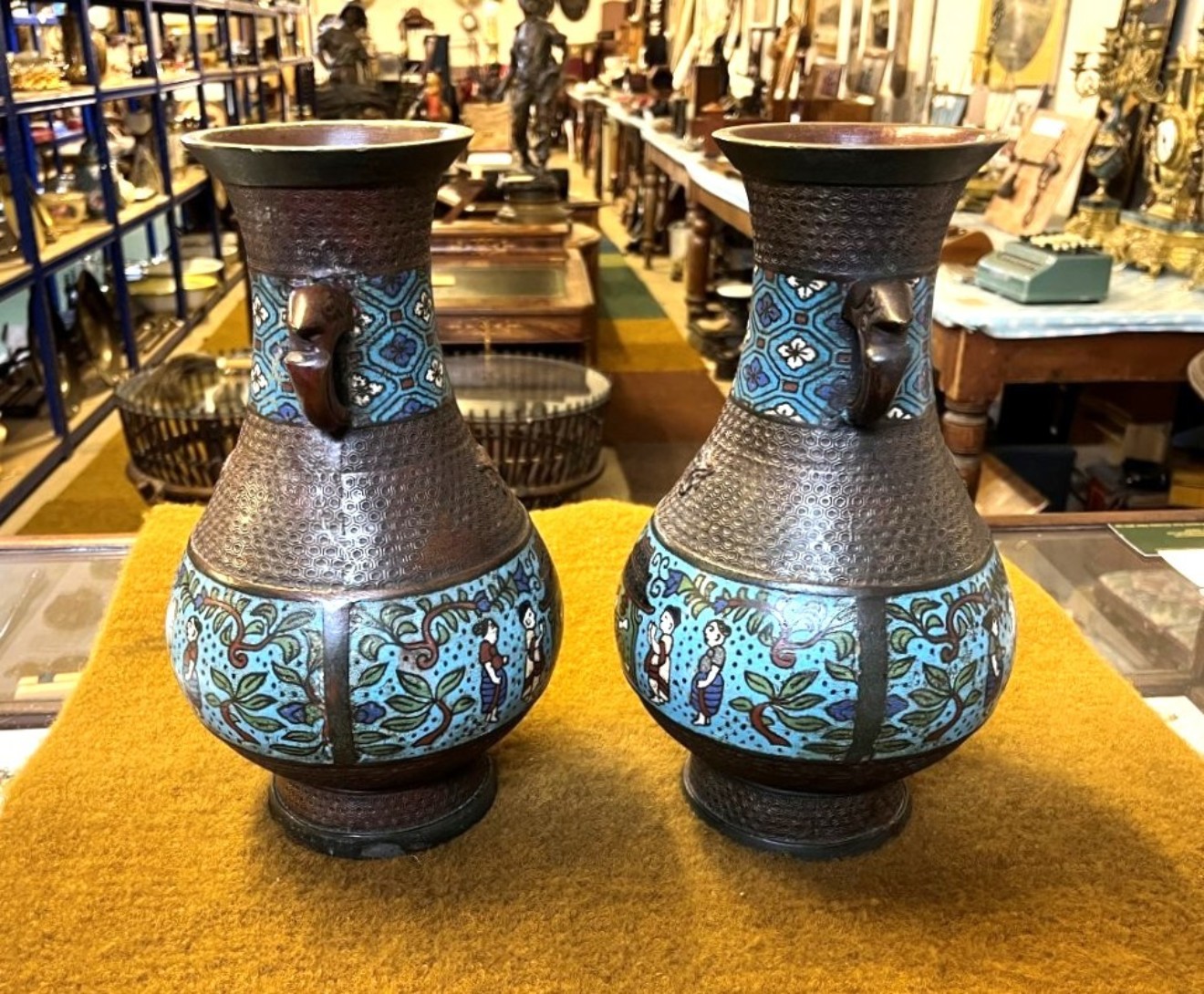 Antique Pair of Japanese Bronze Champleve Vases with Dragon Handles