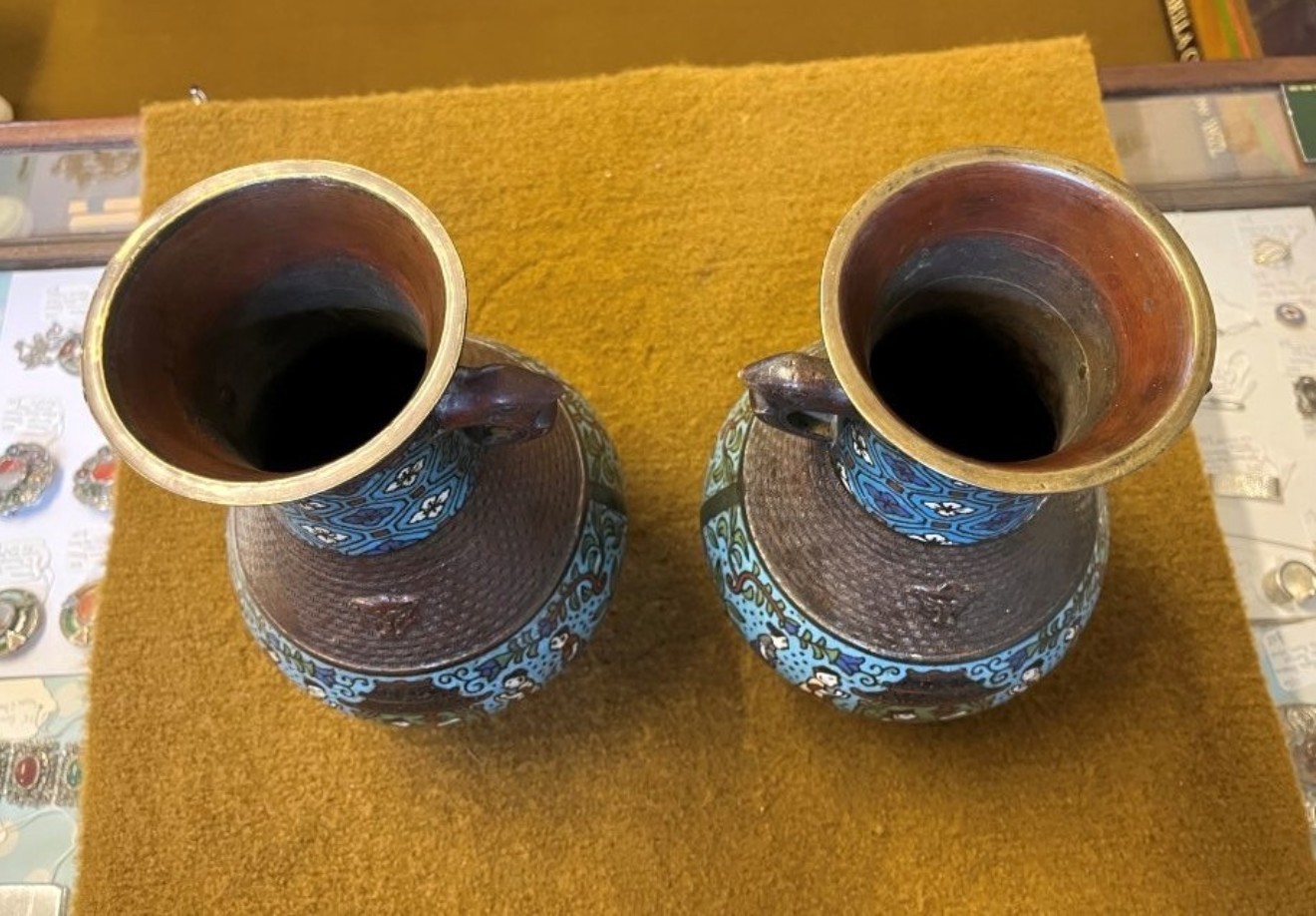 Antique Pair of Japanese Bronze Champleve Vases with Dragon Handles