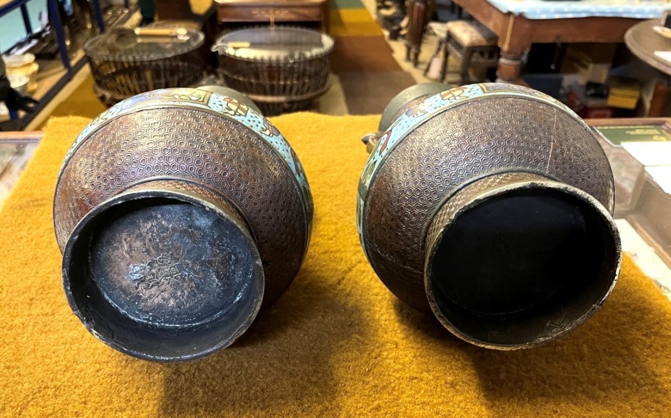 Antique Pair of Japanese Bronze Champleve Vases with Dragon Handles