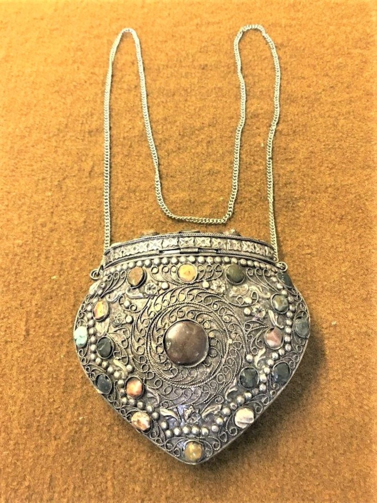 Vintage Sajai Metal and Agate Scroll Box Purse