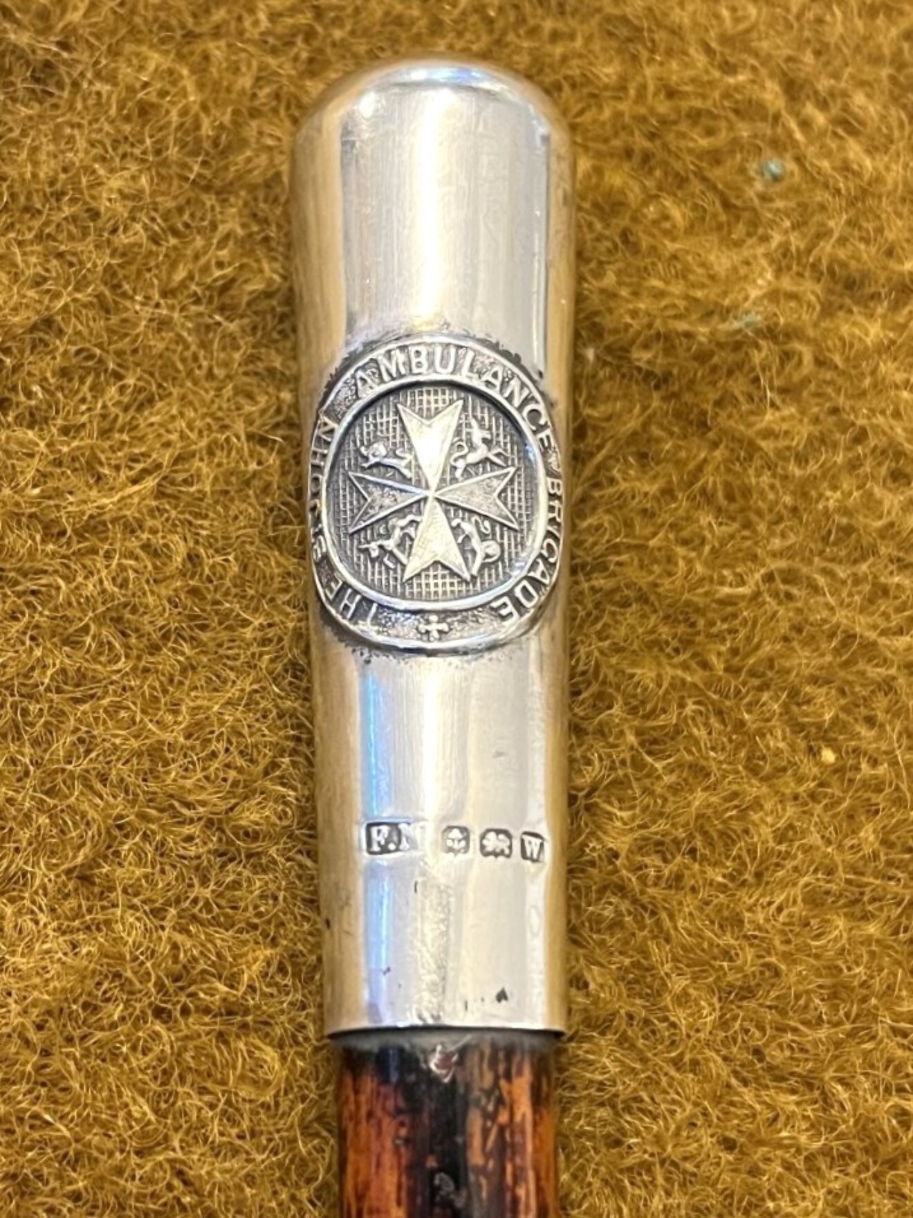 Antique St John's Ambulance Brigade Swagger Stick with Sterling Silver Top and Tip