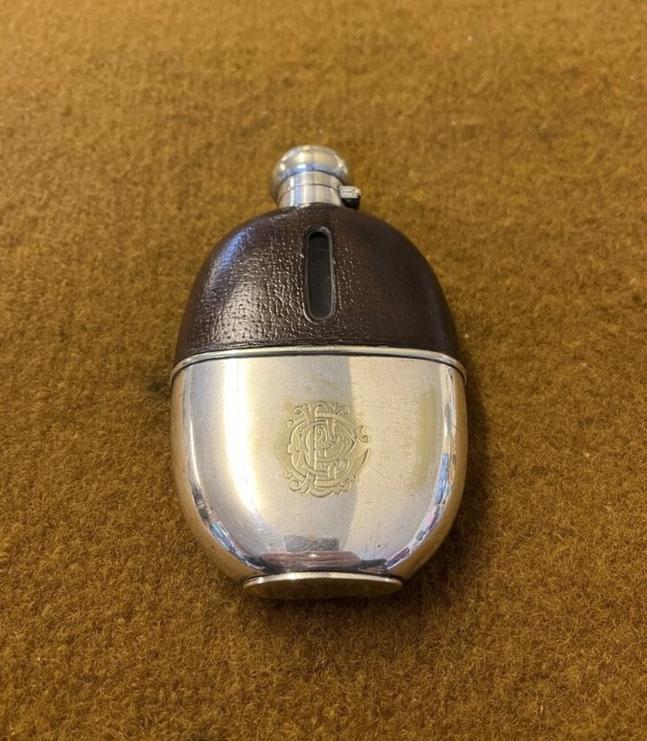 Antique Silver Plated Leather Bound Spirit Flask by Mappin Brothers London