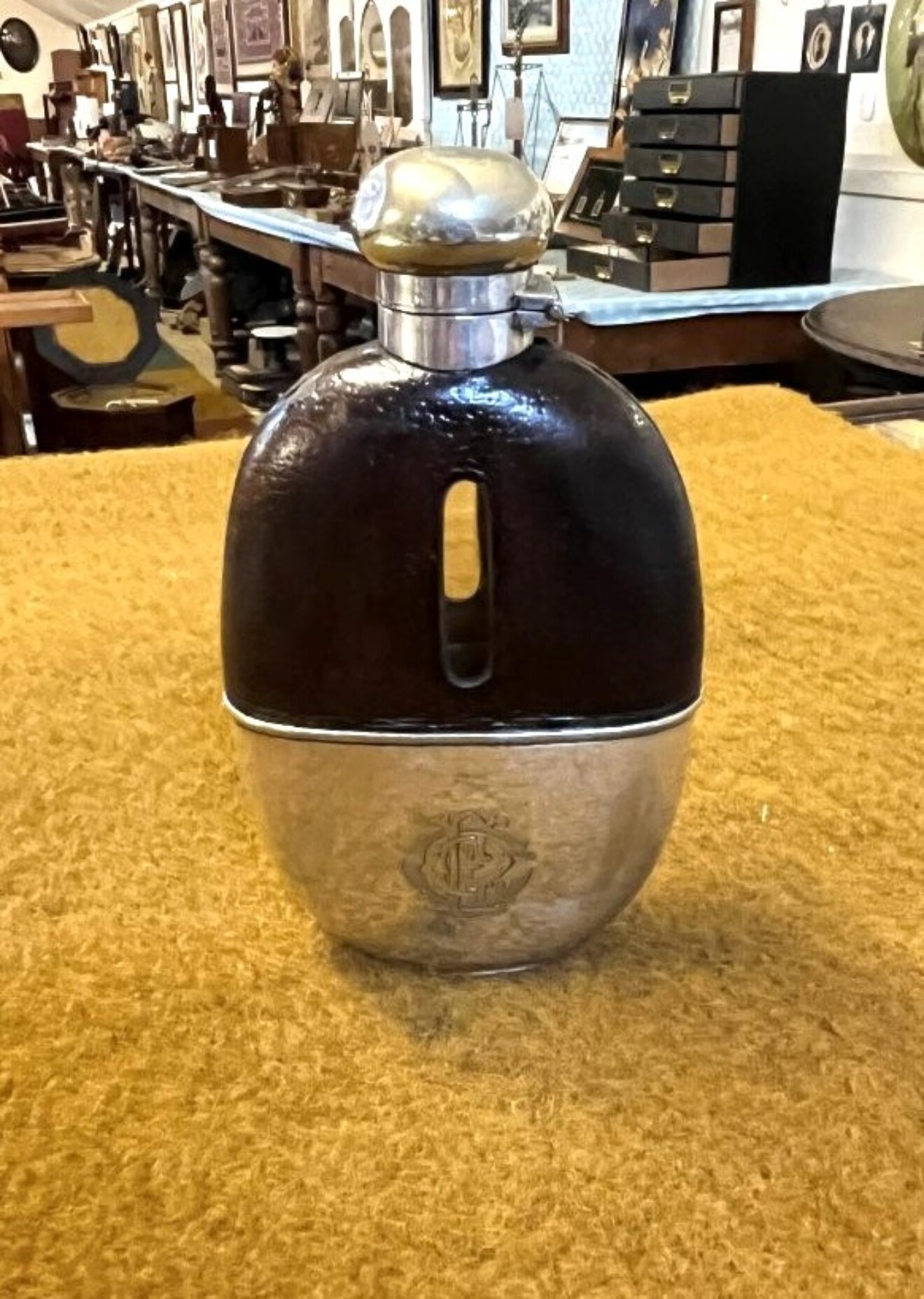 Antique Silver Plated Leather Bound Spirit Flask by Mappin Brothers London