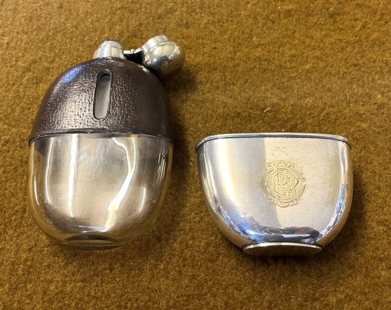 Antique Silver Plated Leather Bound Spirit Flask by Mappin Brothers London