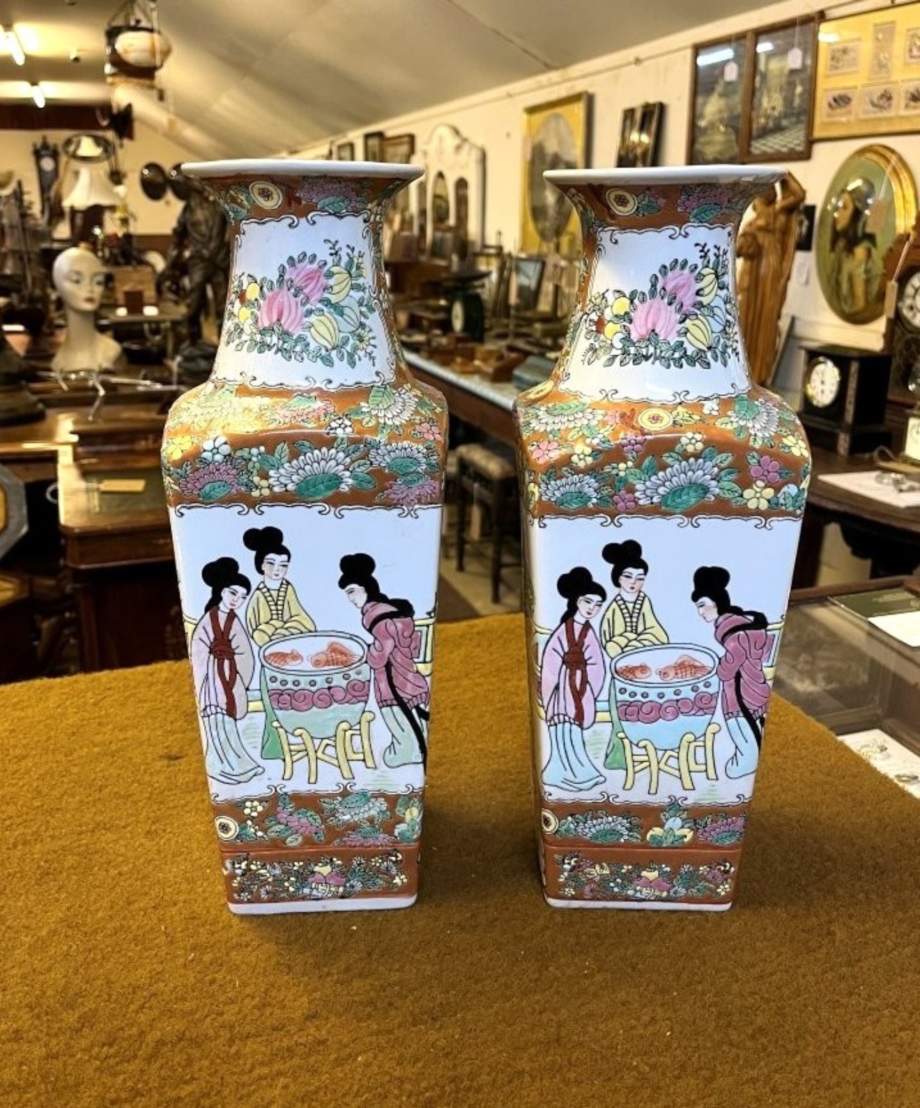 Vintage Pair of Chinese Square Shaped Famille Rose Vases