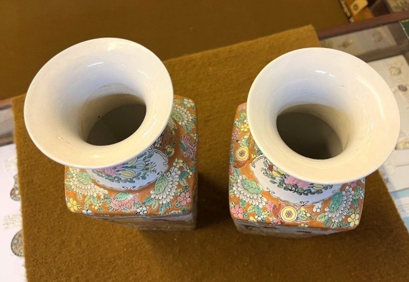 Vintage Pair of Chinese Square Shaped Famille Rose Vases