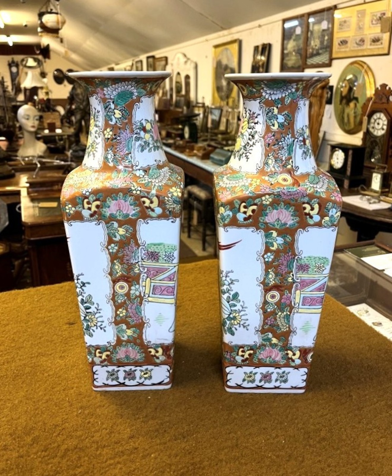 Vintage Pair of Chinese Square Shaped Famille Rose Vases
