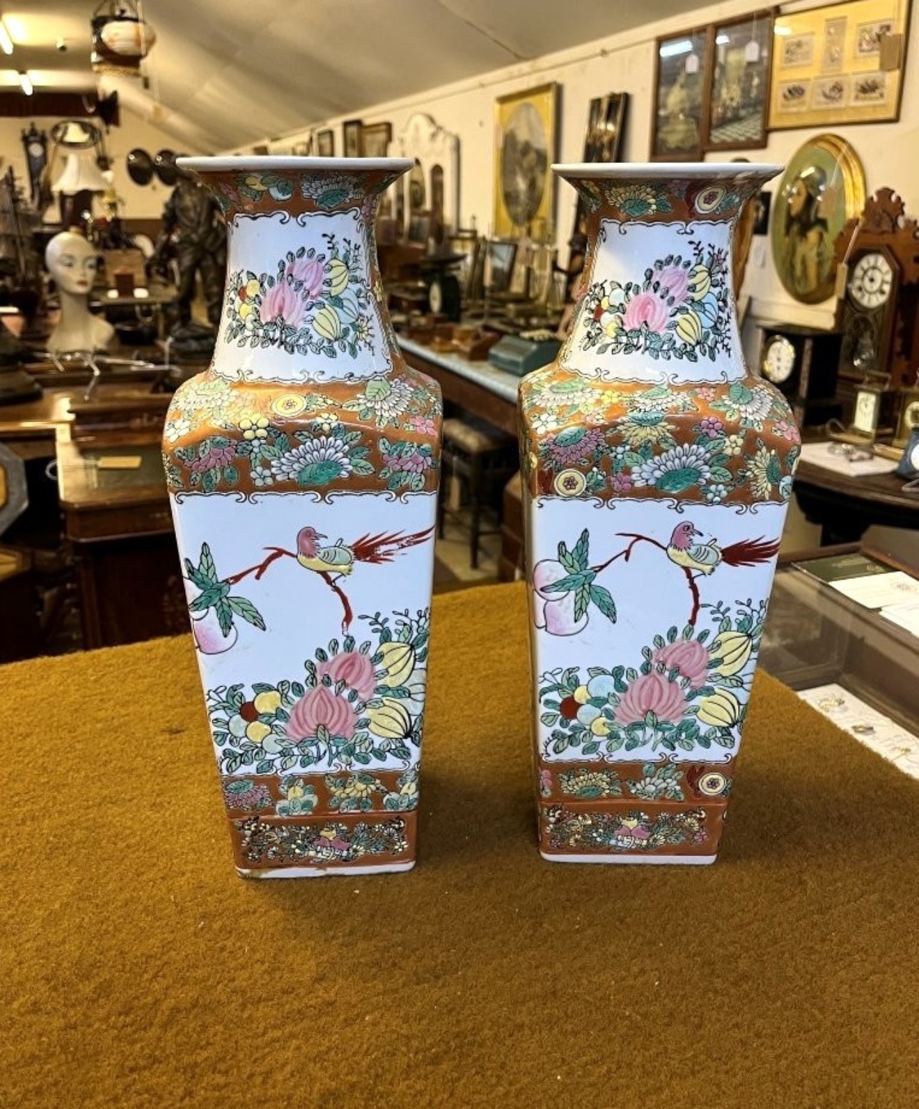Vintage Pair of Chinese Square Shaped Famille Rose Vases