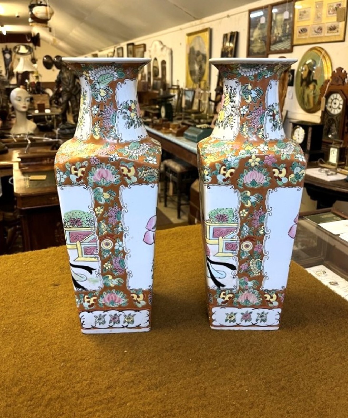 Vintage Pair of Chinese Square Shaped Famille Rose Vases
