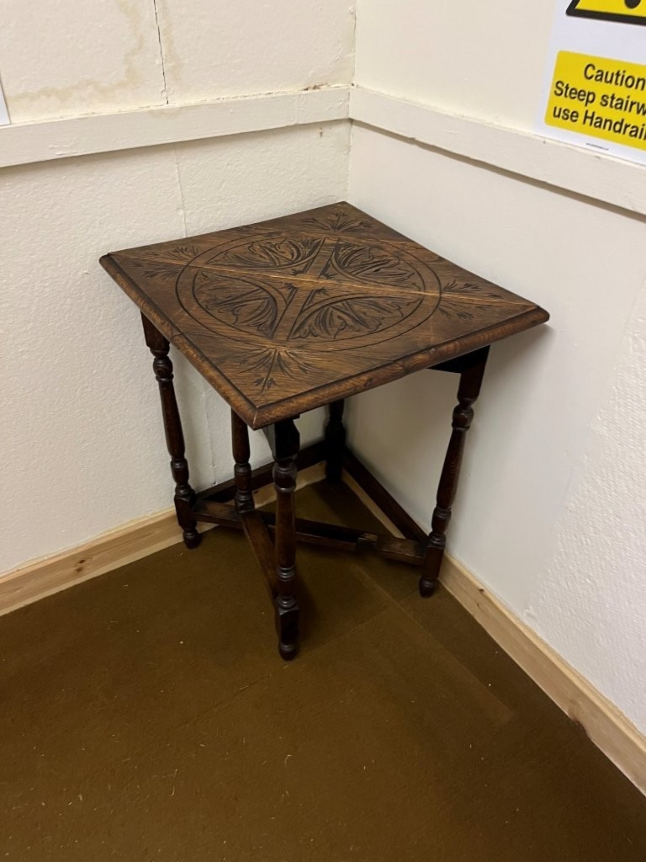 Victorian Triangular Carved Oak Drop Leaf Corner Table