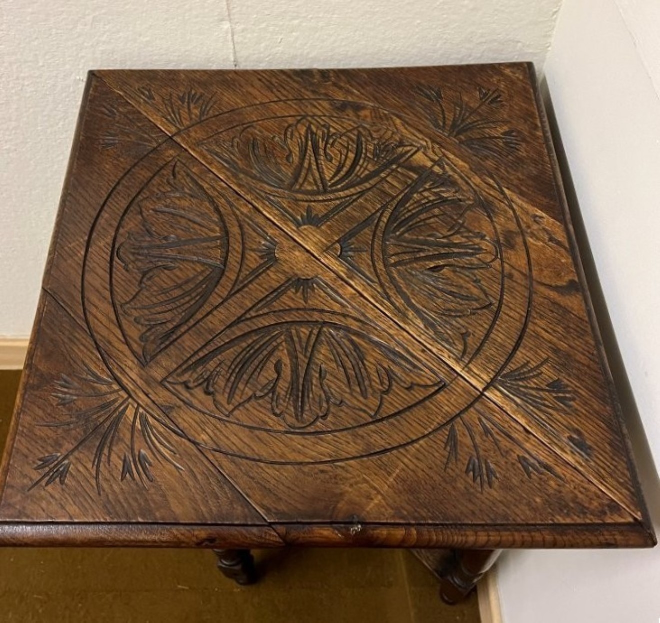 Victorian Triangular Carved Oak Drop Leaf Corner Table