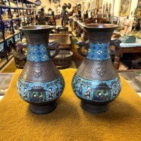 Antique Pair of Japanese Bronze Champleve Vases with Dragon Handles