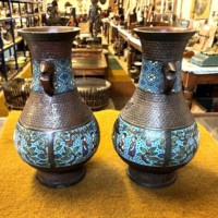 Antique Pair of Japanese Bronze Champleve Vases with Dragon Handles
