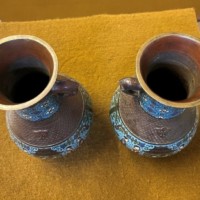 Antique Pair of Japanese Bronze Champleve Vases with Dragon Handles