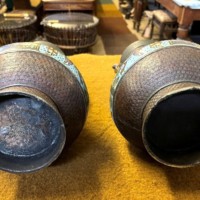 Antique Pair of Japanese Bronze Champleve Vases with Dragon Handles