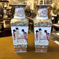 Vintage Pair of Chinese Square Shaped Famille Rose Vases