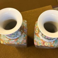 Vintage Pair of Chinese Square Shaped Famille Rose Vases