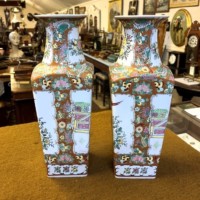 Vintage Pair of Chinese Square Shaped Famille Rose Vases