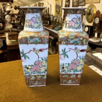 Vintage Pair of Chinese Square Shaped Famille Rose Vases