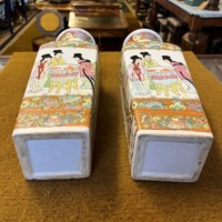 Vintage Pair of Chinese Square Shaped Famille Rose Vases