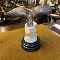 Vintage Cold Painted Cast Brass Eagle Figure On Heavy Ceramic Base