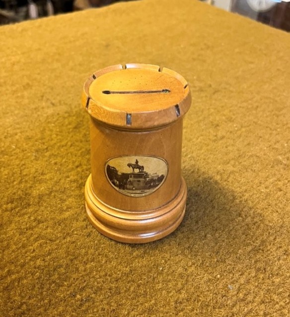Antique Mauchline Ware Penny Bank "Edinburgh, Albert Statue"