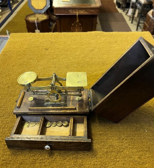 Antique Oak Cased Apothecary's Scales with Drawer Containing Dram and Grain Weights