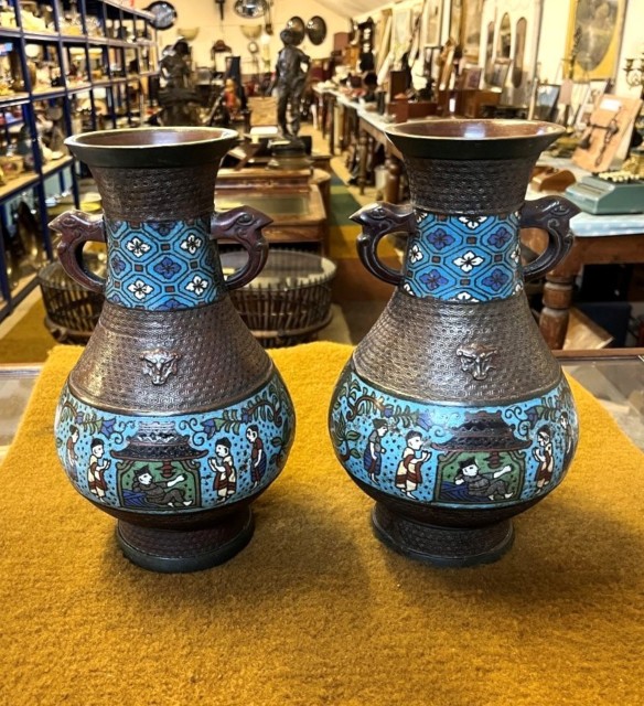 Antique Pair of Japanese Bronze Champleve Vases with Dragon Handles