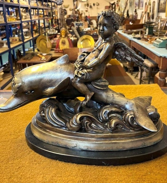 Antique Brass Bronzed Statuette of Eros Riding a Dolphin on a Marble Base