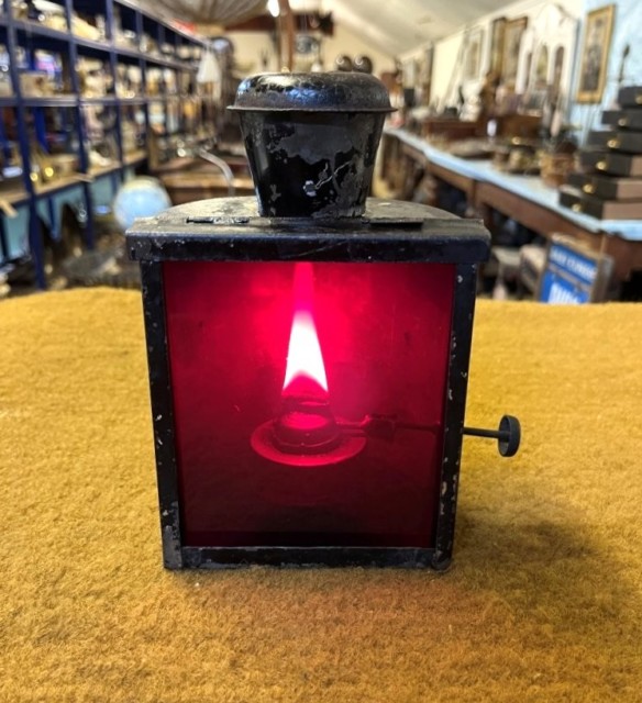 Antique Railway Oil Signal Lamp with Red Filter Glass