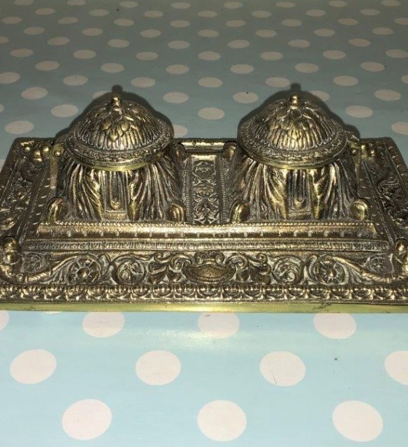 Ornate Brass Inkwell Stand
