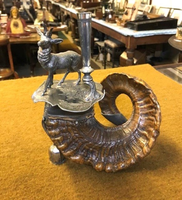 Victorian Ram's Horn and Silver Plate Stag Figure Candle Holder