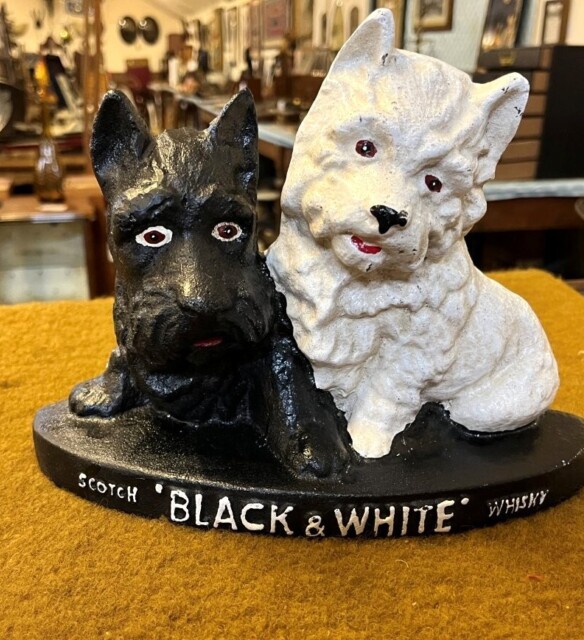 Vintage Black & White Whisky Scottie Dogs Cast Iron Door Stop / Bar Ornament