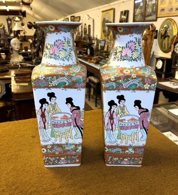 Vintage Pair of Chinese Square Shaped Famille Rose Vases