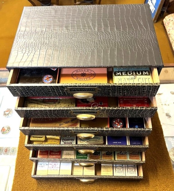 Vintage Cigarette, Cigar and Tobacco Packet / Tin Collection in Faux Alligator Skin Display Cabinet