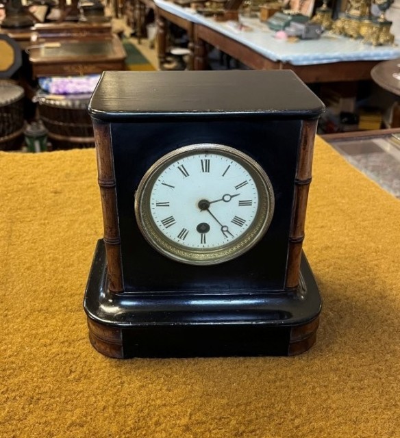 Edwardian Ebonised Wood and Faux Bamboo Mantel Clock