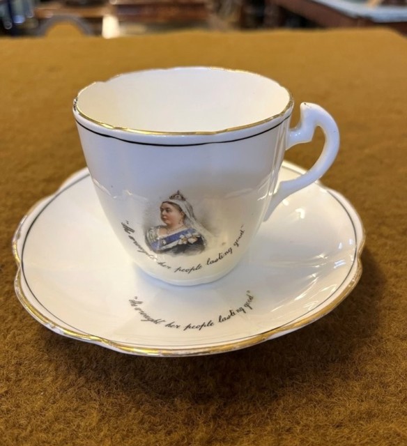 Victorian Queen Victoria Diamond Jubilee Tea Cup and Saucer Inscribed "She Wrought Her People Lasting Good"