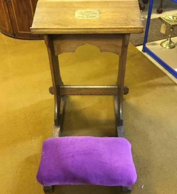 Antique Oak Kneeling Prayer Stool Carved Flowers on Front Panel   Brass Plaque Inscribed "In Memoriam Admiral McAlpine Sept-21st 1923 and Beeza McAlpine Oct-4th 1923"