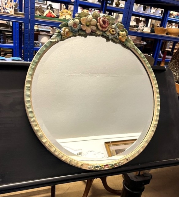 Art Deco "Barbola" Floral Design Round Wall Hanging Mirror